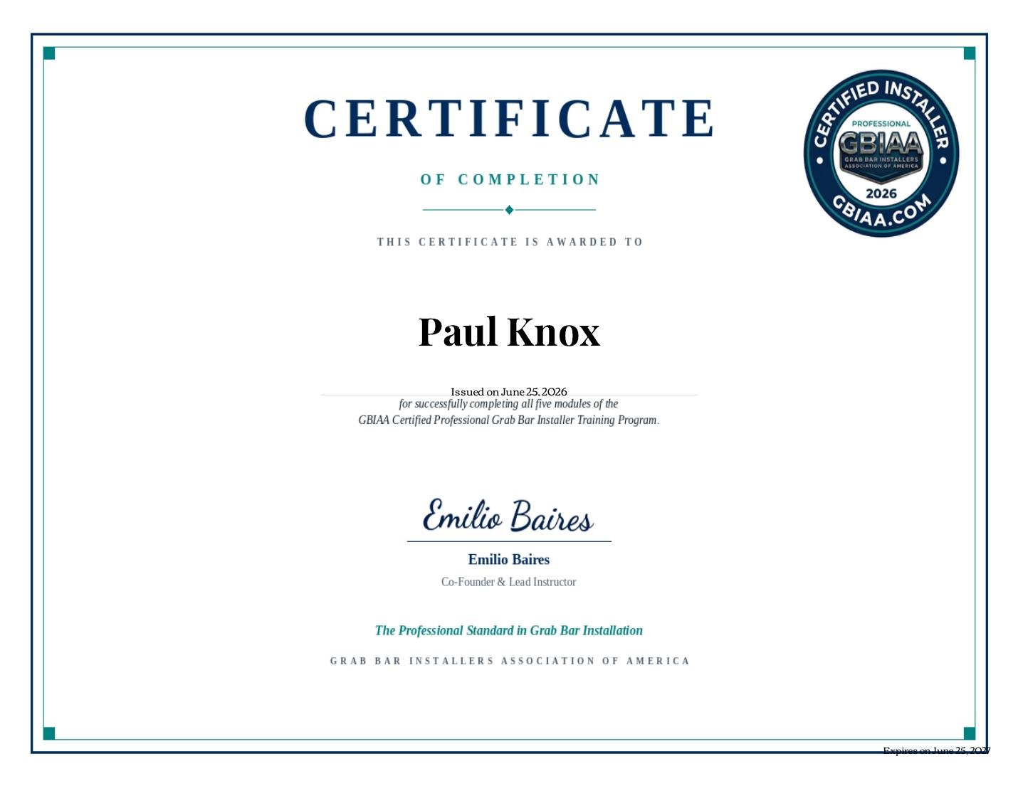 Paul Knox certificate of completion for the GBIAA Certified Professional Grab Bar Installer Training Program.